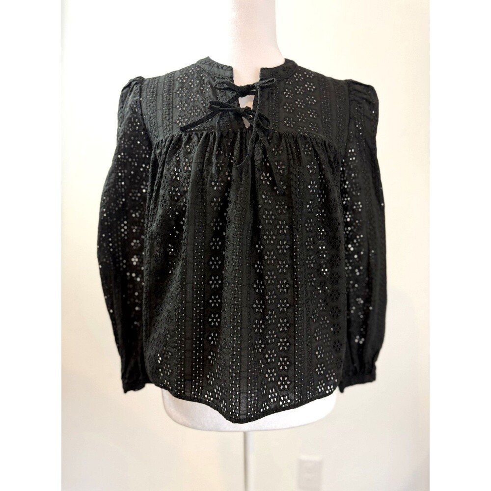 Madewell Eyelet Blouse XS Black Cotton Lace Up Long Sleeve Peasant Top